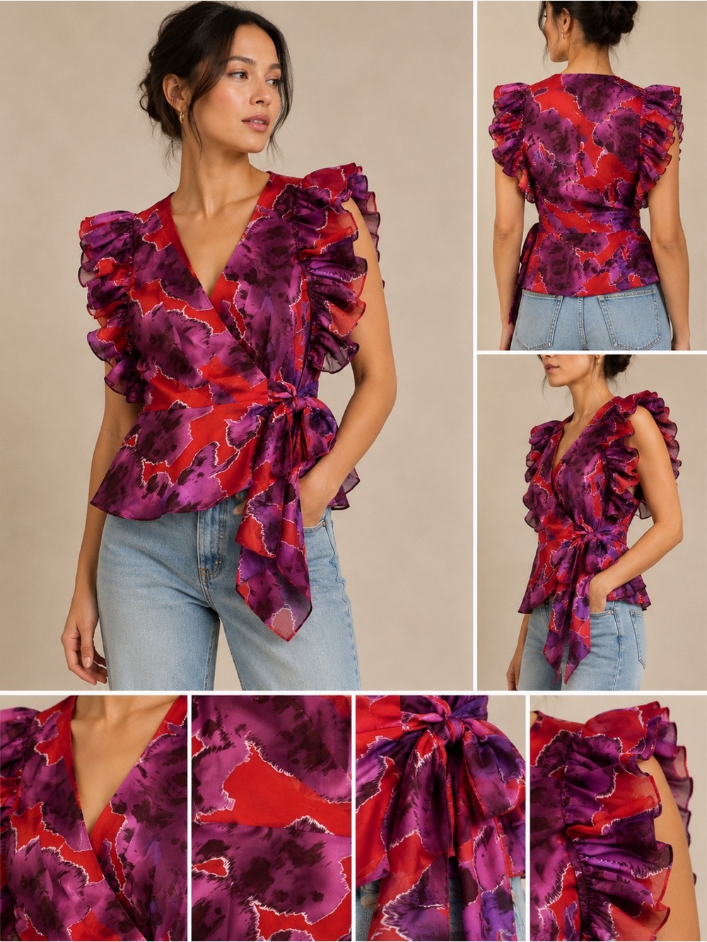Hutch Red & Purple Ruffle Wrap Blouse